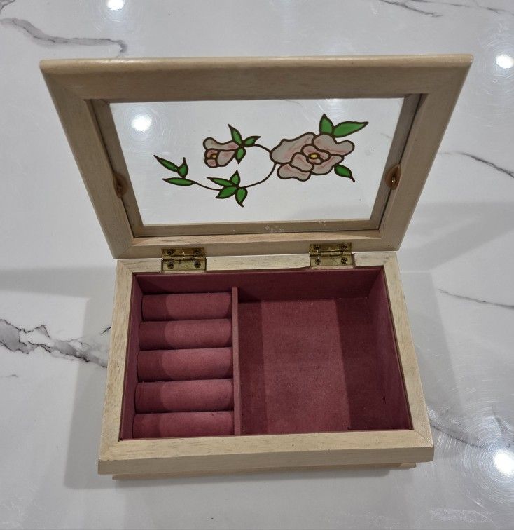 JEWELRY BOX Natural White Wood & Glass Etched Floral Top Velour Interior 7"×5"×2.5"