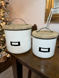 White Canisters With Wooden Lids