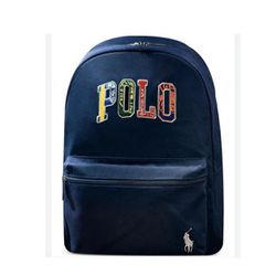 New Polo Ralph Lauren Unisex Backpack Colorful Patch Letter Logo Zip Pocket Navy NWT