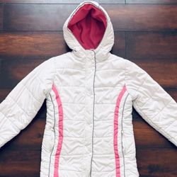 Little Girls Clothes Pumpkin Patch White & Pink Winter Puffer Jacket Fleece Lining Hoodie No Zipper Great For Rain, Snow, And Cold Weather Size 10/12
