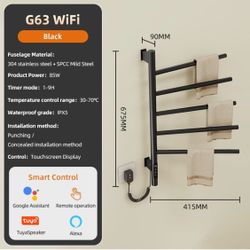 KewinSent Electric Heated Towel Rack, 5-Bar Rotating Design, Wall-Mounted, Black, WiFi Smart Control, Touch Panel Timer, Hardwired Or Plug-In, 110V (G