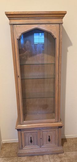 Tall Oak Curio Cabinet / Glass Display Cabinet