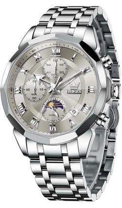 Brandnew Gray Big Face Luxury Silver Stainless Steel Dress Wrist Analog Quartz Moon Phase Watches for Men Classic Waterproof Luminous Fashio