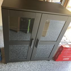 Black Wooden Bookcase With 4 Glass Shelves And Doors