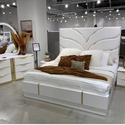 Chevron White Leather & Gold Upholstered Bedroom Collection 