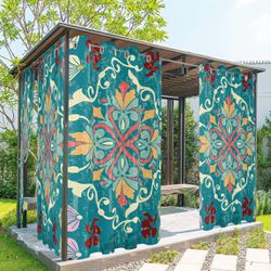 Boho Teal Outdoor Curtains for Patio, Waterproof Porch Curtain, Colorful Vintage Turkish Pattern Modern Geometric Grommet Privacy Drapes Curta