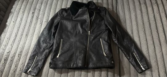 Black Leather Biker Jacket with Fur Collar