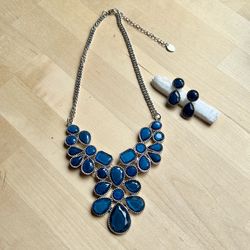 Claire’s Women’s Fashion Jewelry Statement Dark Blue Bib Necklace & Earring Set