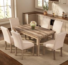 Rustic Dining Table Set for 6, Farmhouse Kitchen Dining Chairs for 6, Charming 60" Rectangular Wooden Table&6 Upholstered Chair with Nailhead Accents 