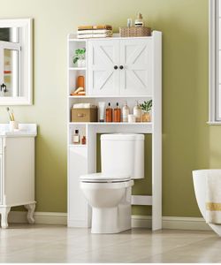 Over The Toilet Storage Cabinet, Farmhouse Over Toilet Bathroom Organizer with Doors and Adjustable Shelves, 31.5" W x 7.5" Dx 66.7" H, Space-Saving f