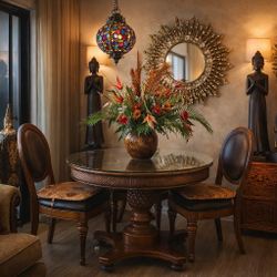 Beautiful Round Glass Dining Table Set – 4 Chairs – Solid Wood Base