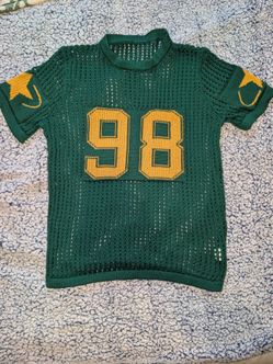 Y2K Mesh Knit Football Jersey Style Top Green Yellow #98 Vintage Aesthetic Unbranded