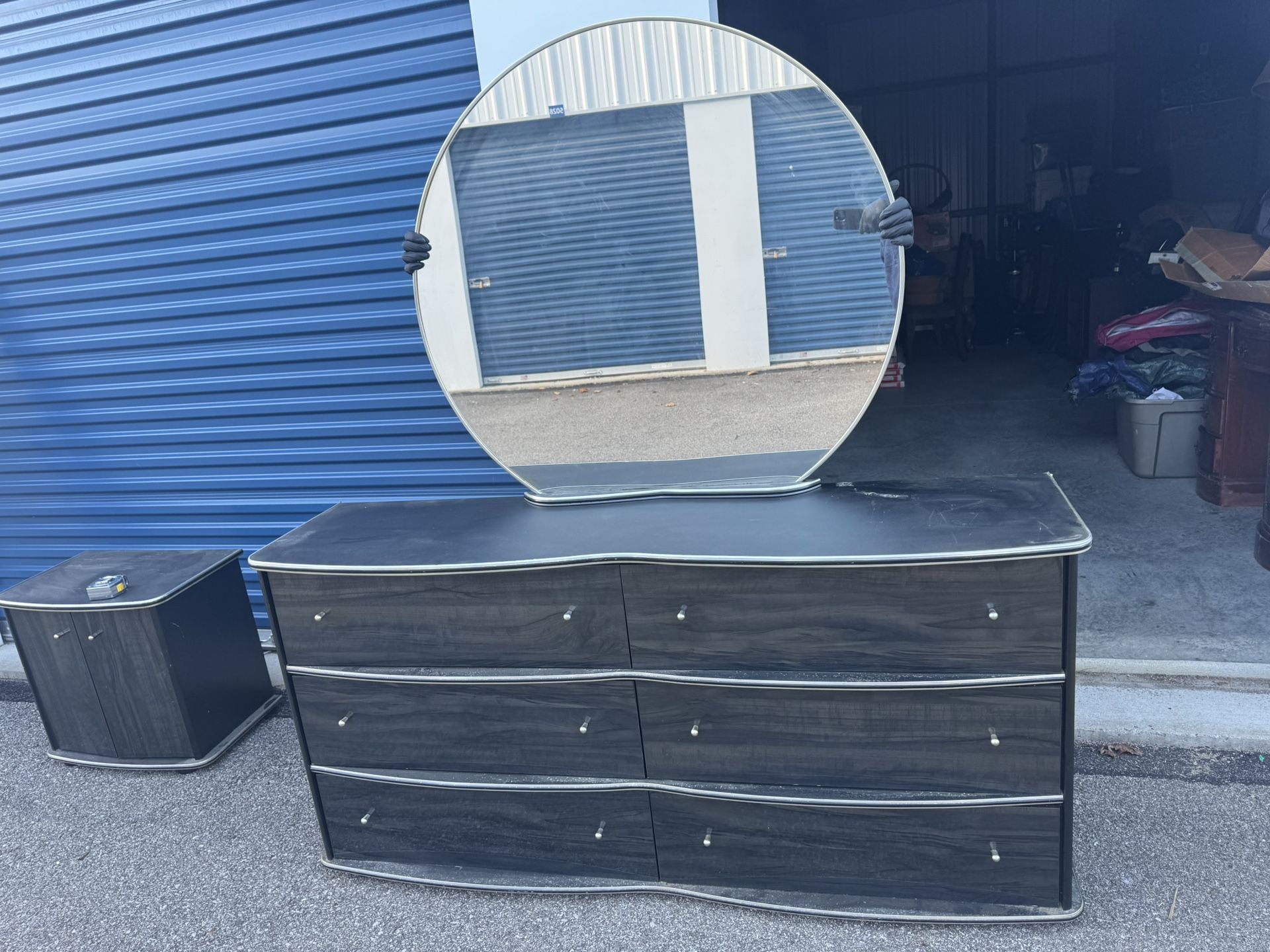 Bedroom Dresser , and Nightstand  Dresser  17 1/2” deep  66” long  32” tall  Nightstand  15 1/2” deep  23 1/4” wide  22”tall  Mirror  24” wide  39” ta