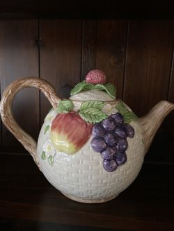 Fitz And Floyd Basket weave Teapot, Cream And Sugar And Pitcher 