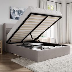 Queen Size Lift Up Storage Bed Upholstered Platform Bed Frame Wood Slats Support, Light Beige Modern Wingback Headboard, Hydraulic Storage, No Box Spr