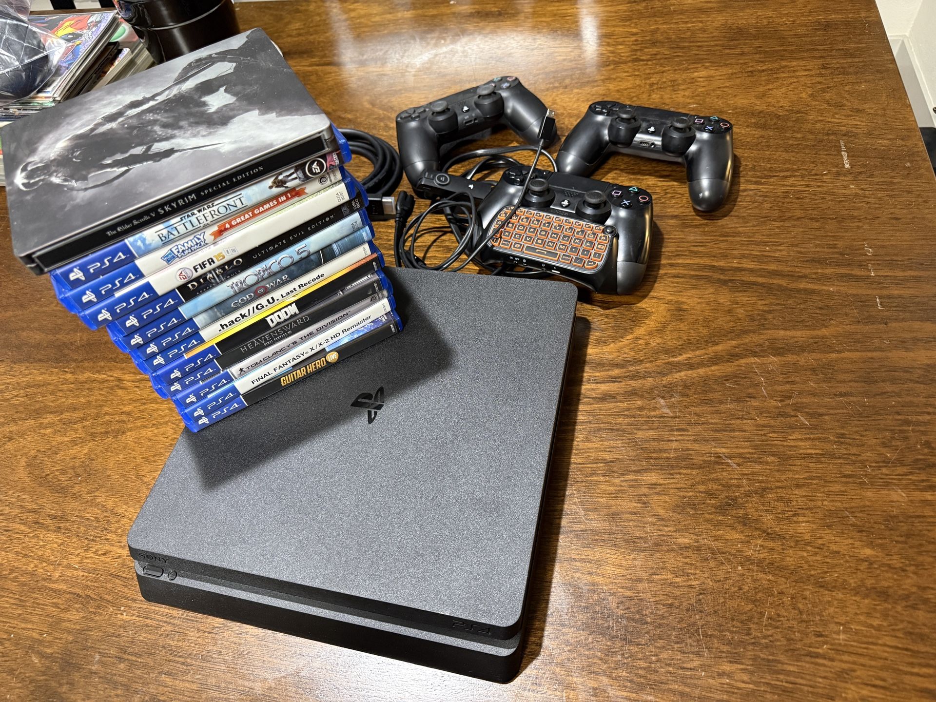 🎮 PS4 Slim 1TB Ultimate Mega Bundle – 3 Controllers + Headset + Keyboard + 15 Games (Skyrim Steelbook!) – $300