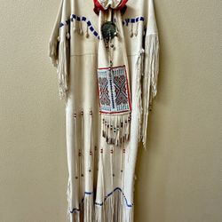 Authentic Native American Ceremony Dress & Bag - Hand-Stitch Beaded Leather Hide