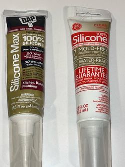 These are DAP Silicone Max and GE 100% Silicone sealant tubes, both 2.8 fl oz.Both products are designed for kitchen and bath use, providing waterproo