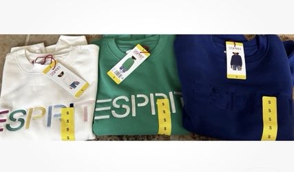 NWT Esprit Logo SMALL Fleece Crewneck Sweatshirt Cream Blue Green 80's