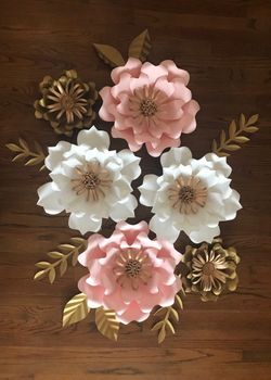 Pink blush white and gold paper flower backdrop party decoration NEW
