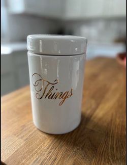 Organization White Ceramic Canister with Gold Script
