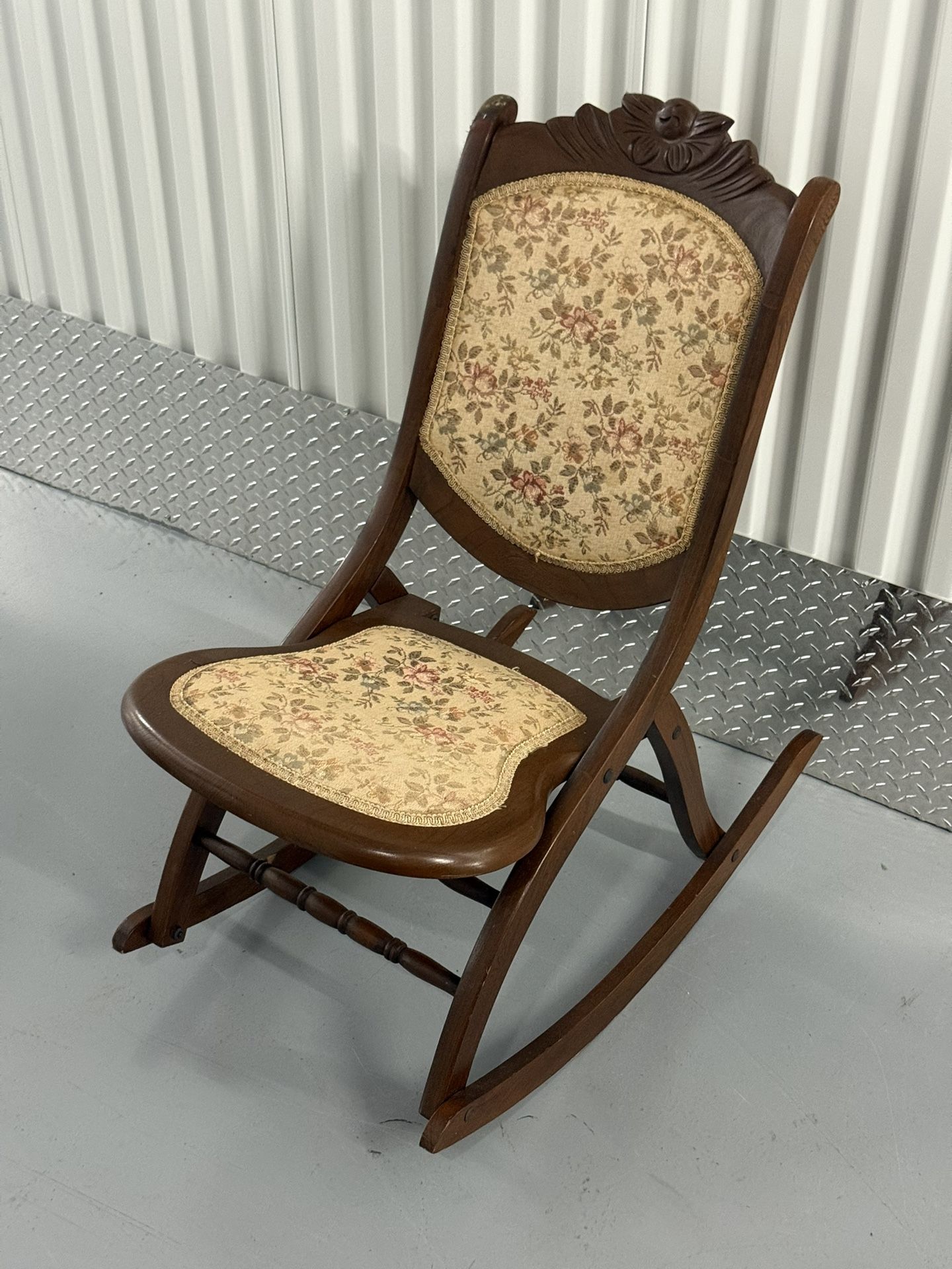 Vintage Victorian Wooden Rocking Chair with Floral Upholstery