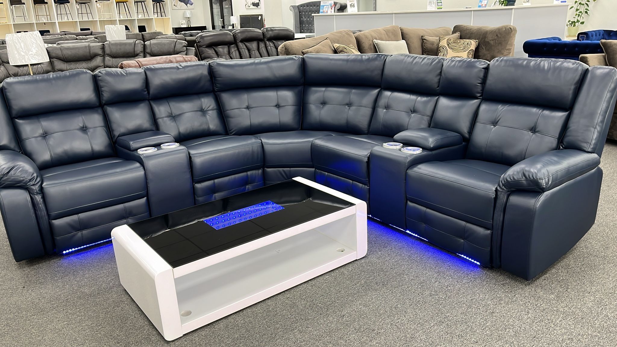 Memorial Day Sale, Beautiful Blue, 3 Pc Leather Gel Power Sectional w/LED Light