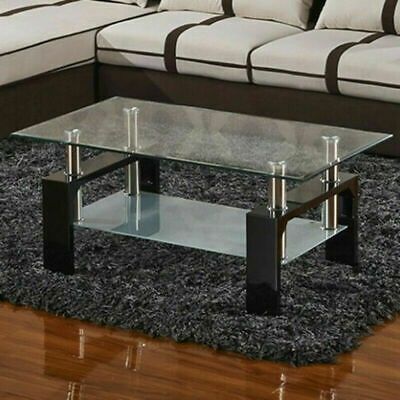 Rectangular Coffee Table Glass Shelf Living Room Wood Furniture White/Black US