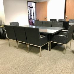 Table set, 1 table with 6 chairs - Wicker, Glass