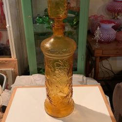 Vintage MCM Embossed Fruit Theme Yellow Decanter/Bottle, Empoli Italy 20”