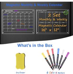  Acrylic Magnetic Calendar 2 Pcs, 16x12 Monthly