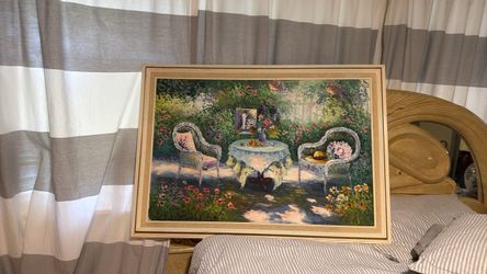 Framed Garden Scene Oil Painting