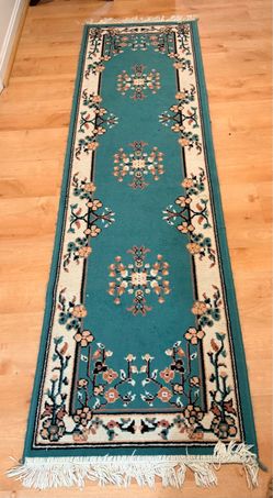 Teal Floral Runner Rug with Fringe