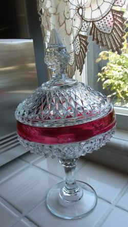 VINTAGE 1970's INDIANA GLASS CANDY DISH RUBY BAND DIAMOND POINT PATTERN