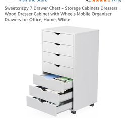 7 Drawer Chest - Storage Cabinets Dressers Wood Dresser Cabinet with Wheels Mobile Organizer Drawers for Office, Home, White