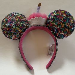 Disney Parks Happy Birthday Cupcake W/Candle Minnie Ears Sequin Headband