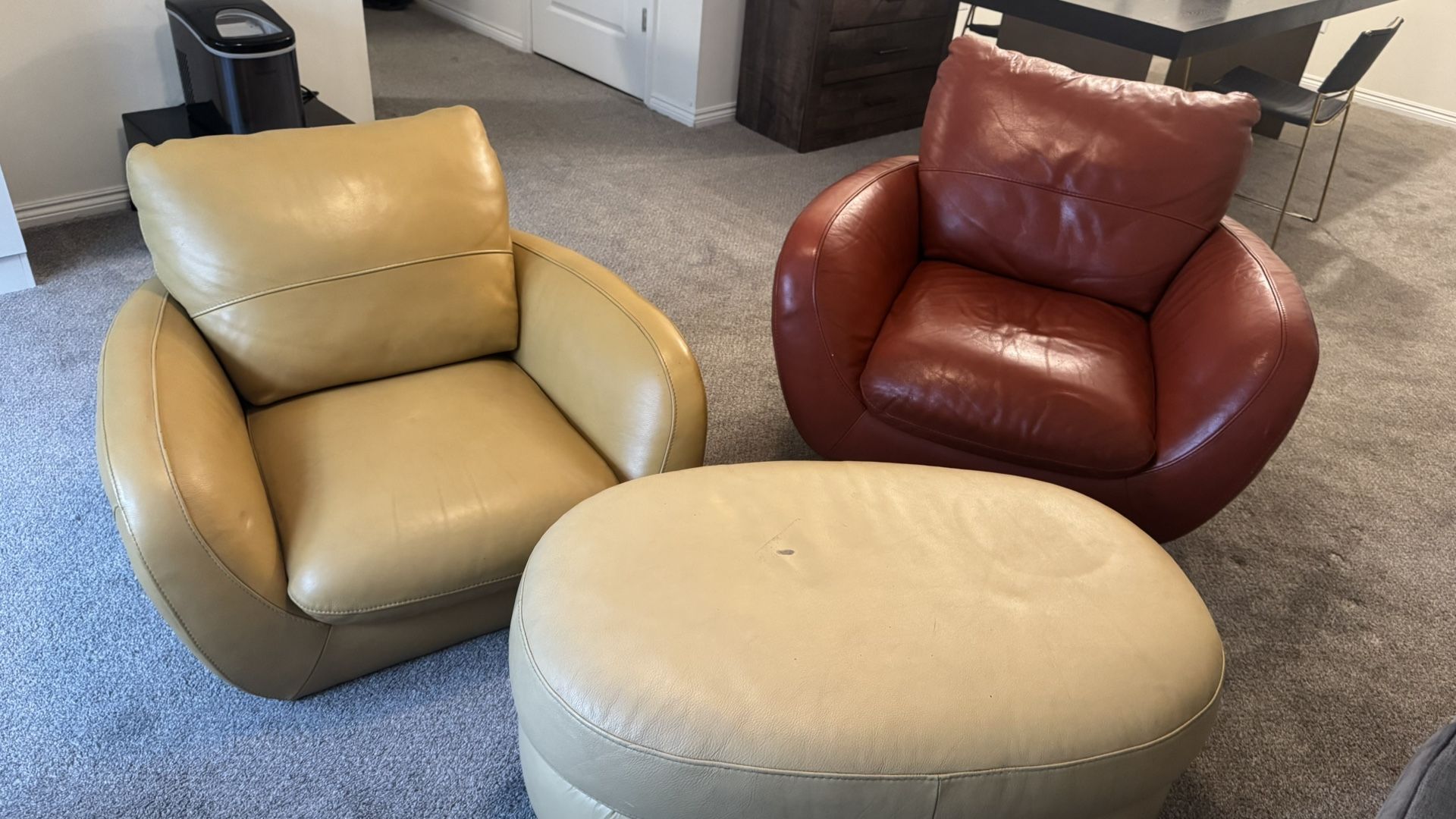 Two Leather Lounge Chairs with Ottoman ( Made In Italy)