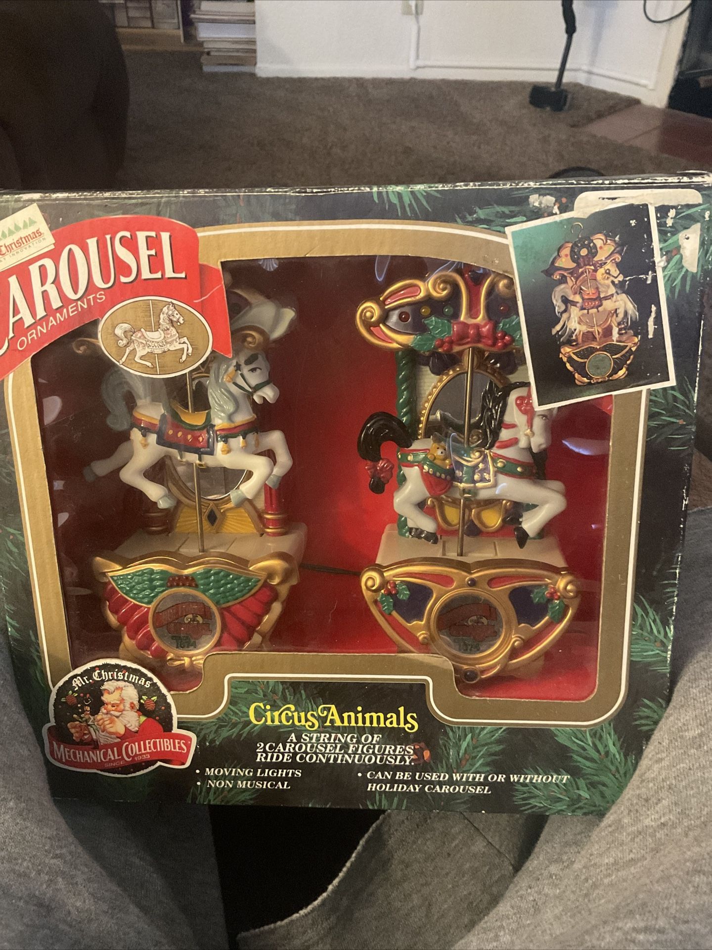 Vintage Mr Christmas Holiday Carousel 2 Horses, Moving Lights, NON-MUSICAL