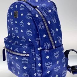 MCM Backpack Leather Blue All-Over Pattern Silver Hardware