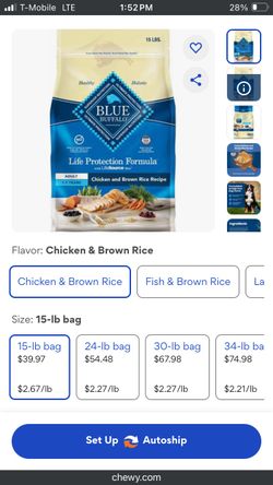 15lb Bag Of Blue Buffalo Adult Dog Food, Chicken And Brown Rice