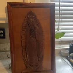 Wood Carved Virgin Mary Plaque 