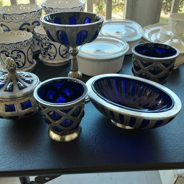 Cobolt Blue Glass And Silver Decorative Set