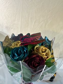 Half‑Dozen Handmade Ribbon Rose Bouquet – Gold, Teal & Burgundy