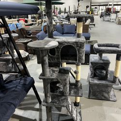 M-New 62in Cat Tree Cat Tower for Indoor Kitty, Pet Furniture w/Double Condo, Scratching Posts, Multiple Platforms and Balls for Kittens, Dark Gray