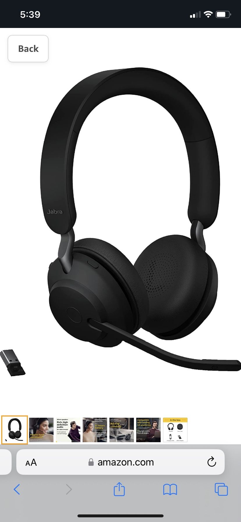 Jabra Evolve2 65 UC Wireless Headphones with Link380c, Stereo, Black – Wireless Bluetooth Headset for Calls and Music, 37 Hours of Battery Life, Passi