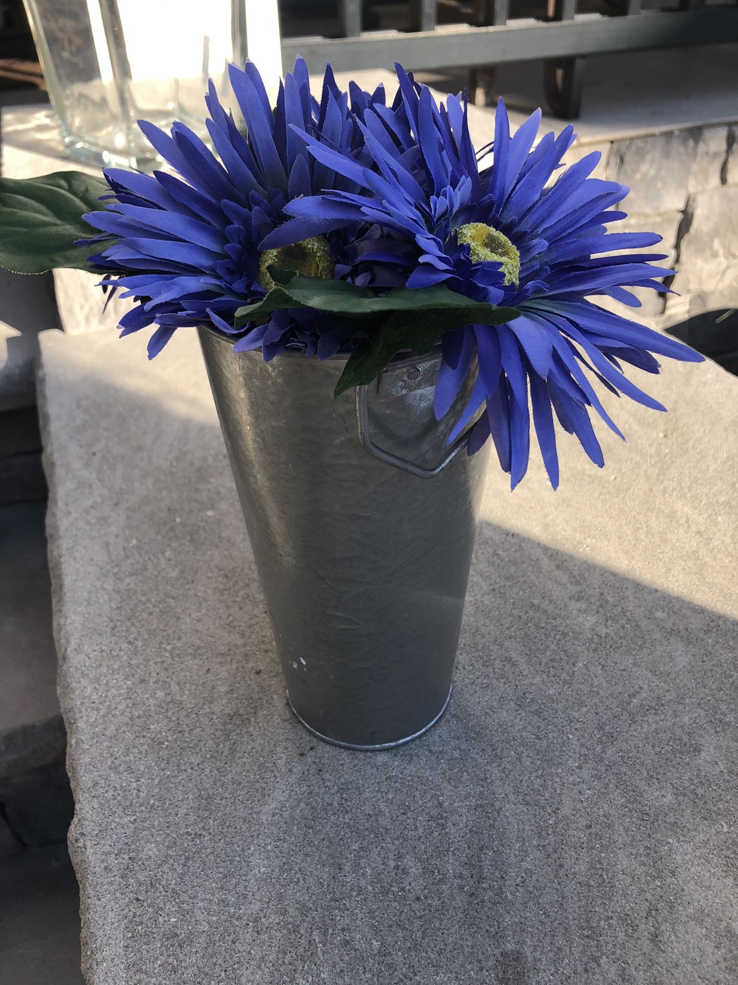 Rustic Farmhouse, Galvanized, Metal Vase, With 3 Pretty Purple Flowers
