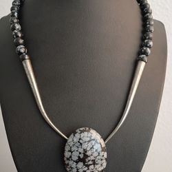 925 Sterling Silver & Snowflake Obsidian Necklace