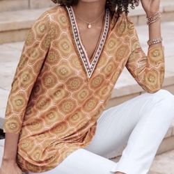 NWT $110 Soft Surroundings Lillia Beaded V-Neck Tile Print Tunic Top Boho, Sz 2X