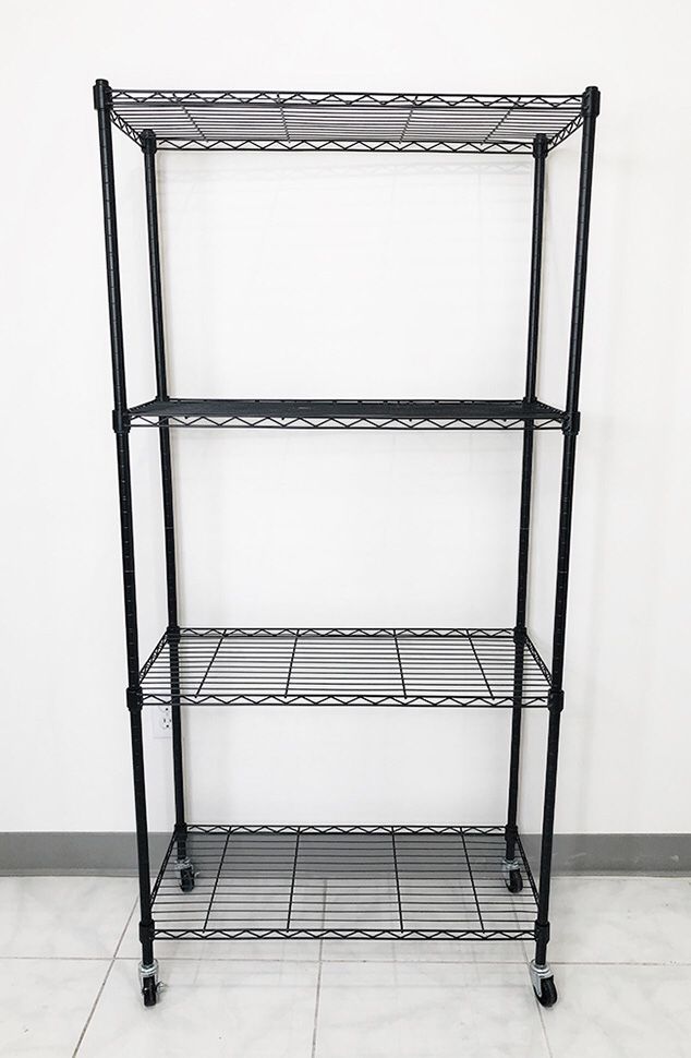 New $50 Metal 4-Shelf Shelving Storage Unit Wire Organizer Rack Adjustable w/ Wheel Casters 30x14x61”