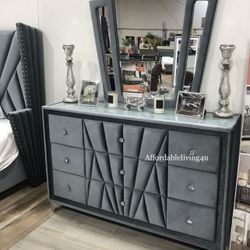 Grey Velvet Dresser W/ Acrylic Crystal Knobs Brand New In Box 